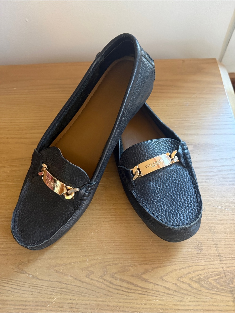 Coach Black Pebbled Leather Loafers with Gold Plaque